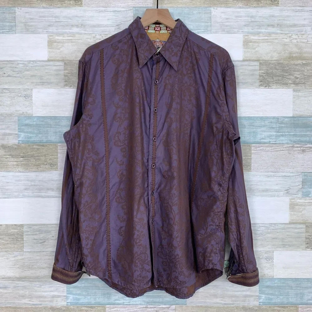 Robert Graham Floral Jacquard Flip Cuff Shirt Purple Silk Embroidered Mens Large